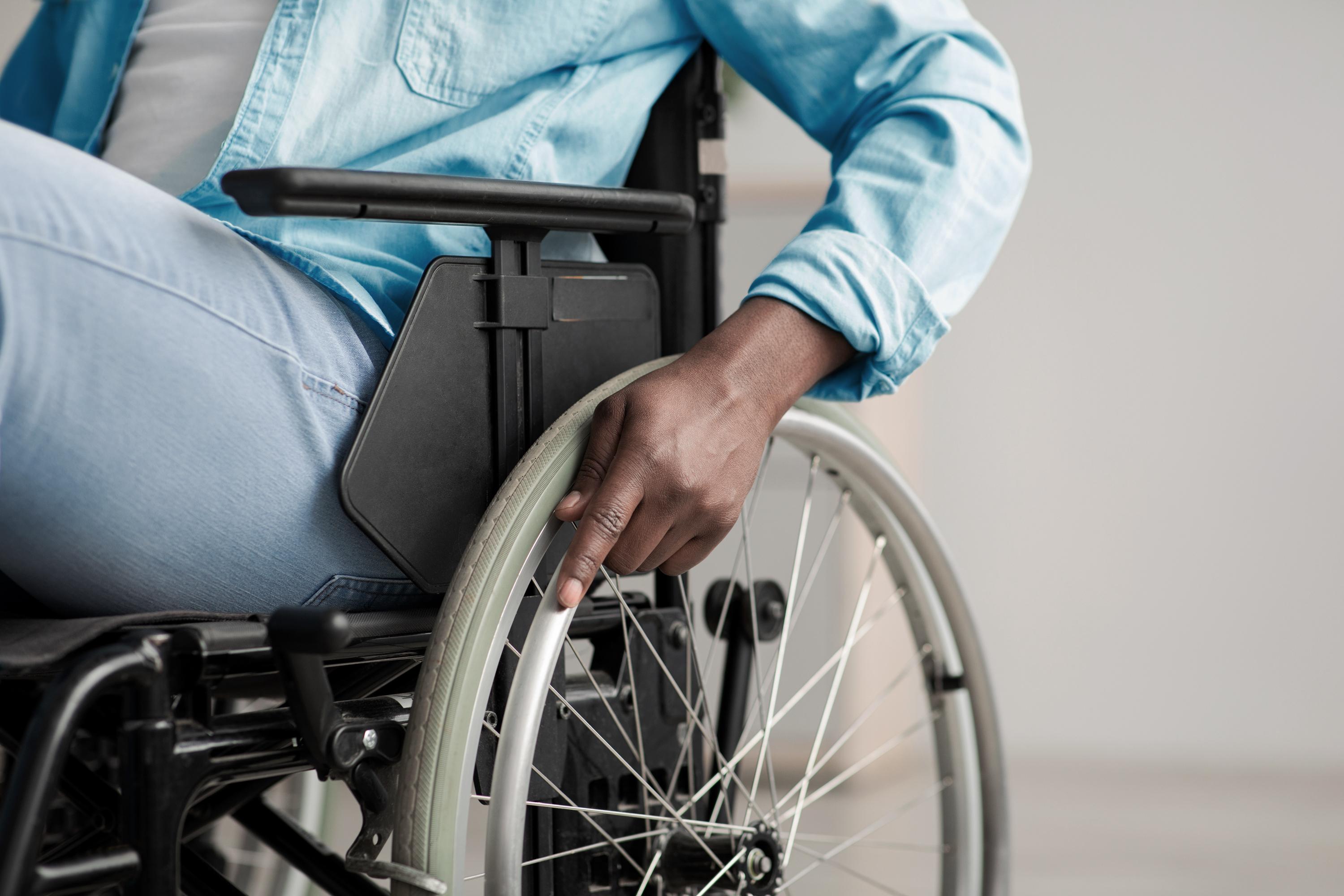 Close up shot of a man in a wheel chair